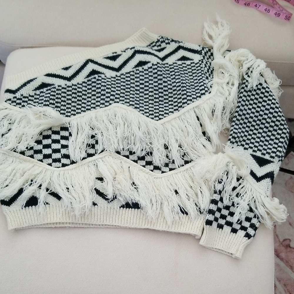 Jess Crumm by Hazel and Olive Fringed Black and White Sweater